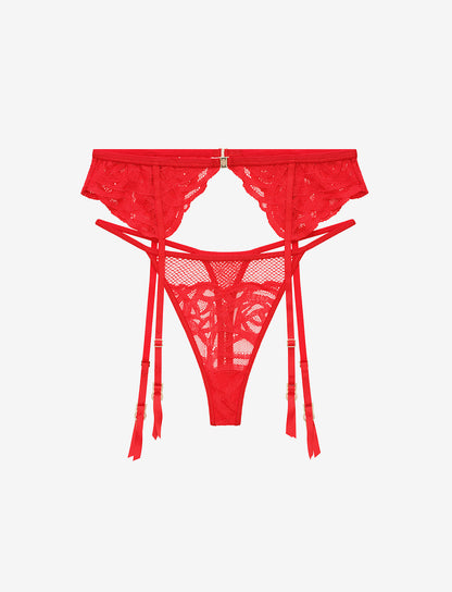 Rose Lace Thong & Garter Set Rouge Braelia - vue 1